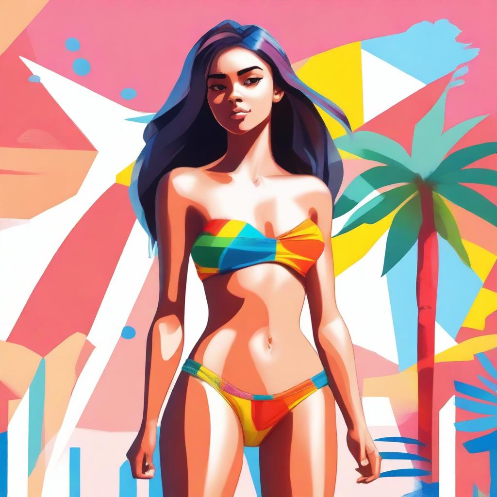 A digital art piece, of highest quality, featuring a confident young woman, shirtless, sporting a vibrant bikini bottom