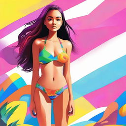 A digital art piece, of highest quality, featuring a confident young woman, shirtless, sporting a vibrant bikini bottom