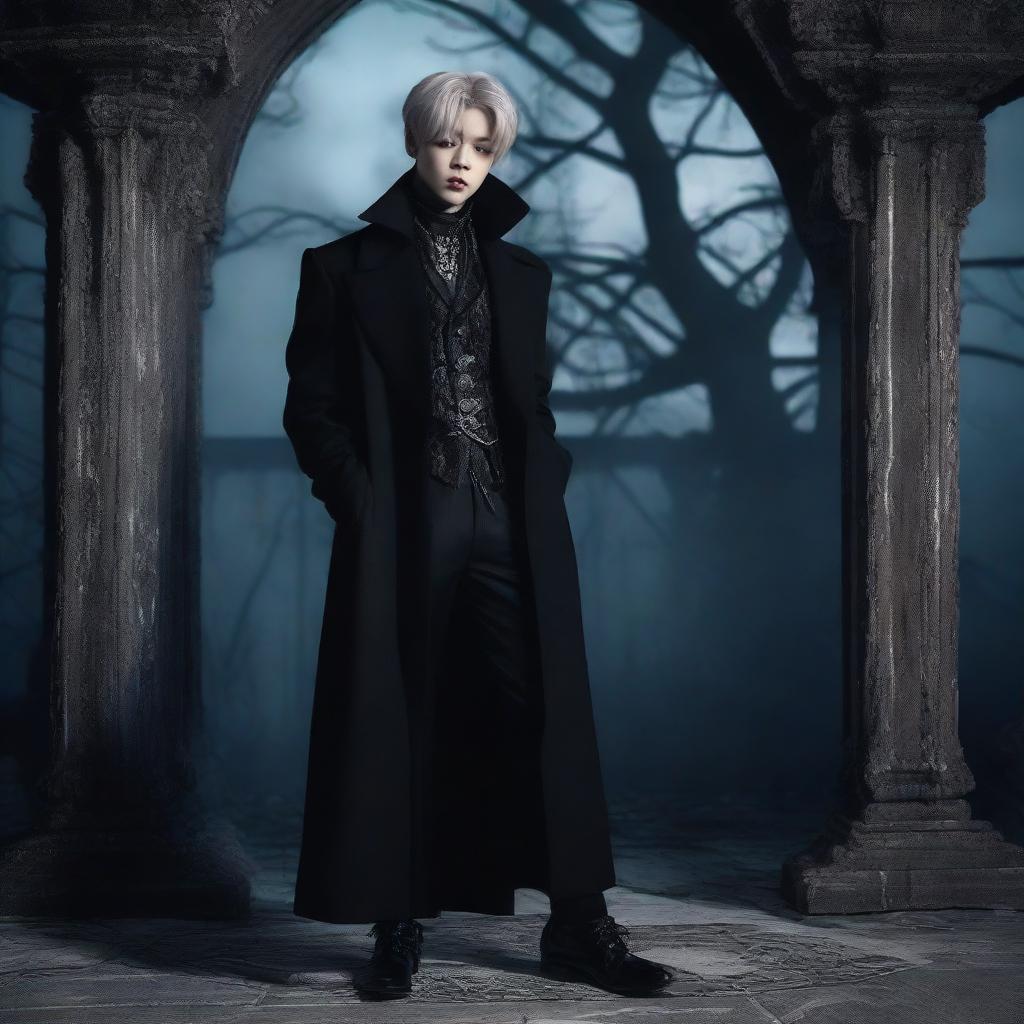 Jimin from BTS dressed as a stylish vampire, showcasing a dark gothic fashion ensemble set against a moody, moonlit backdrop.