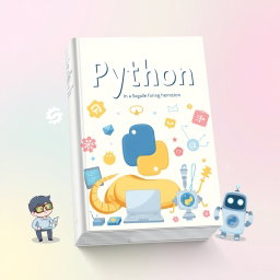 A whimsical book cover design featuring Python programming characters and elements, all illustrated in soft pastel colors