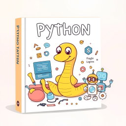 A whimsical book cover design featuring Python programming characters and elements, all illustrated in soft pastel colors