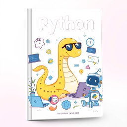 A whimsical book cover design featuring Python programming characters and elements, all illustrated in soft pastel colors