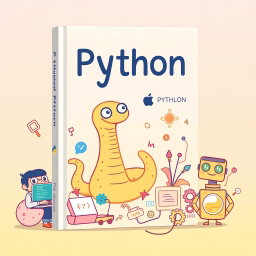 A whimsical book cover design featuring Python programming characters and elements, all illustrated in soft pastel colors