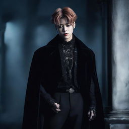 Jimin from BTS dressed as a stylish vampire, showcasing a dark gothic fashion ensemble set against a moody, moonlit backdrop.