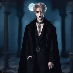 Jimin from BTS dressed as a stylish vampire, showcasing a dark gothic fashion ensemble set against a moody, moonlit backdrop.