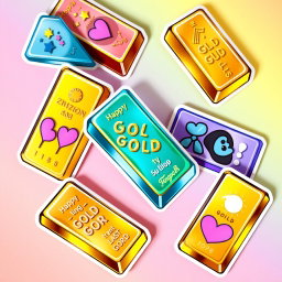 A vibrant and eye-catching illustration of gold bullion bars, designed as colorful stickers