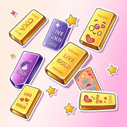 A vibrant and eye-catching illustration of gold bullion bars, designed as colorful stickers