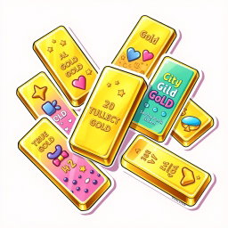 A vibrant and eye-catching illustration of gold bullion bars, designed as colorful stickers