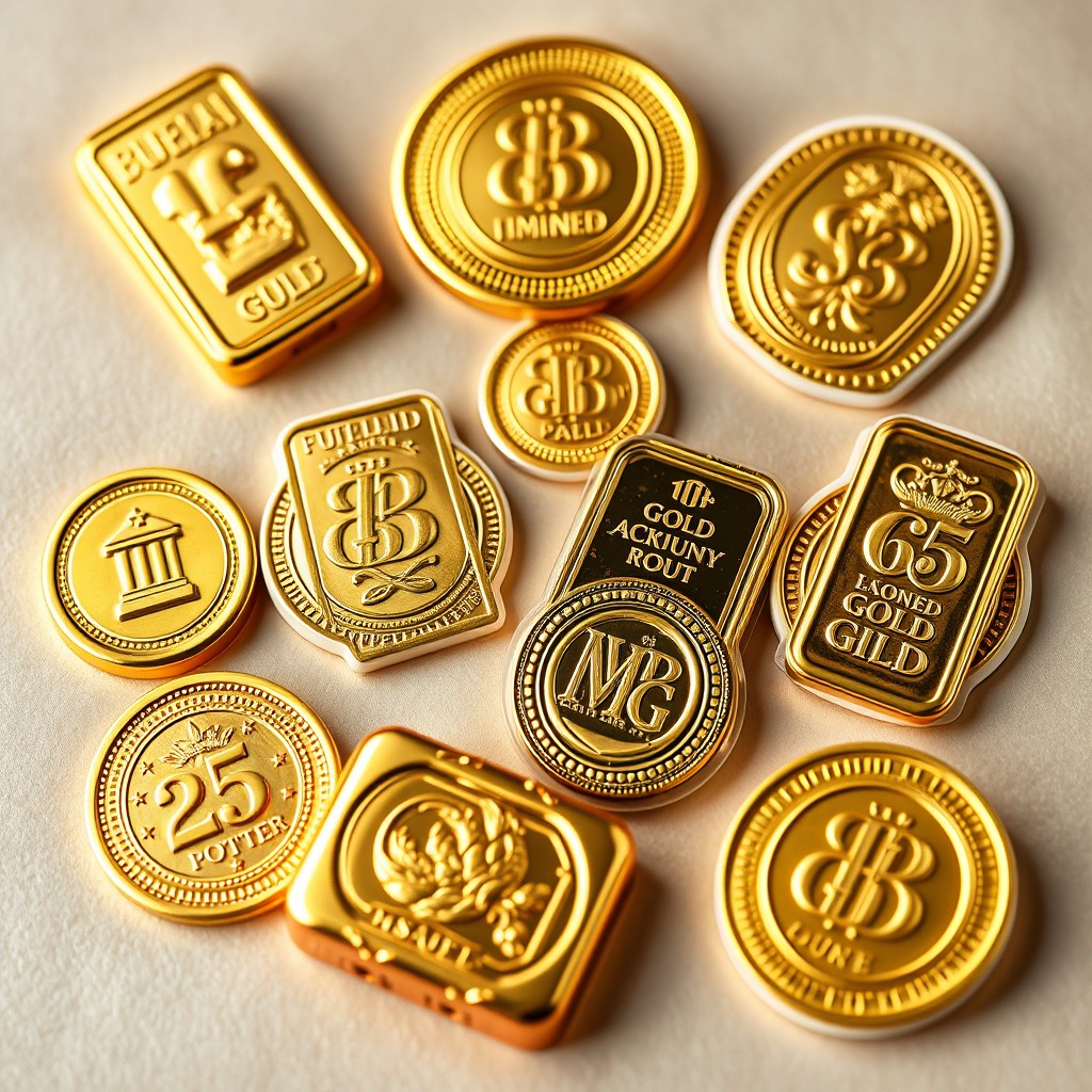 A collection of shiny gold ingot stickers, each featuring unique designs and patterns that highlight their luxury appeal