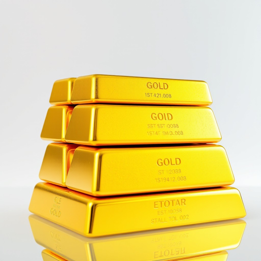 A stack of large gold ingots neatly arranged on top of each other, exuding a sense of wealth and luxury, set against a transparent background that enhances the focus on the shimmering gold texture and reflections