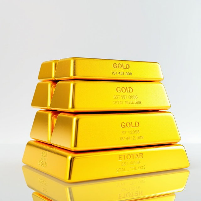 A stack of large gold ingots neatly arranged on top of each other, exuding a sense of wealth and luxury, set against a transparent background that enhances the focus on the shimmering gold texture and reflections