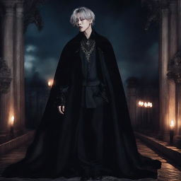 Jimin from BTS dressed as a stylish vampire, showcasing a dark gothic fashion ensemble set against a moody, moonlit backdrop.