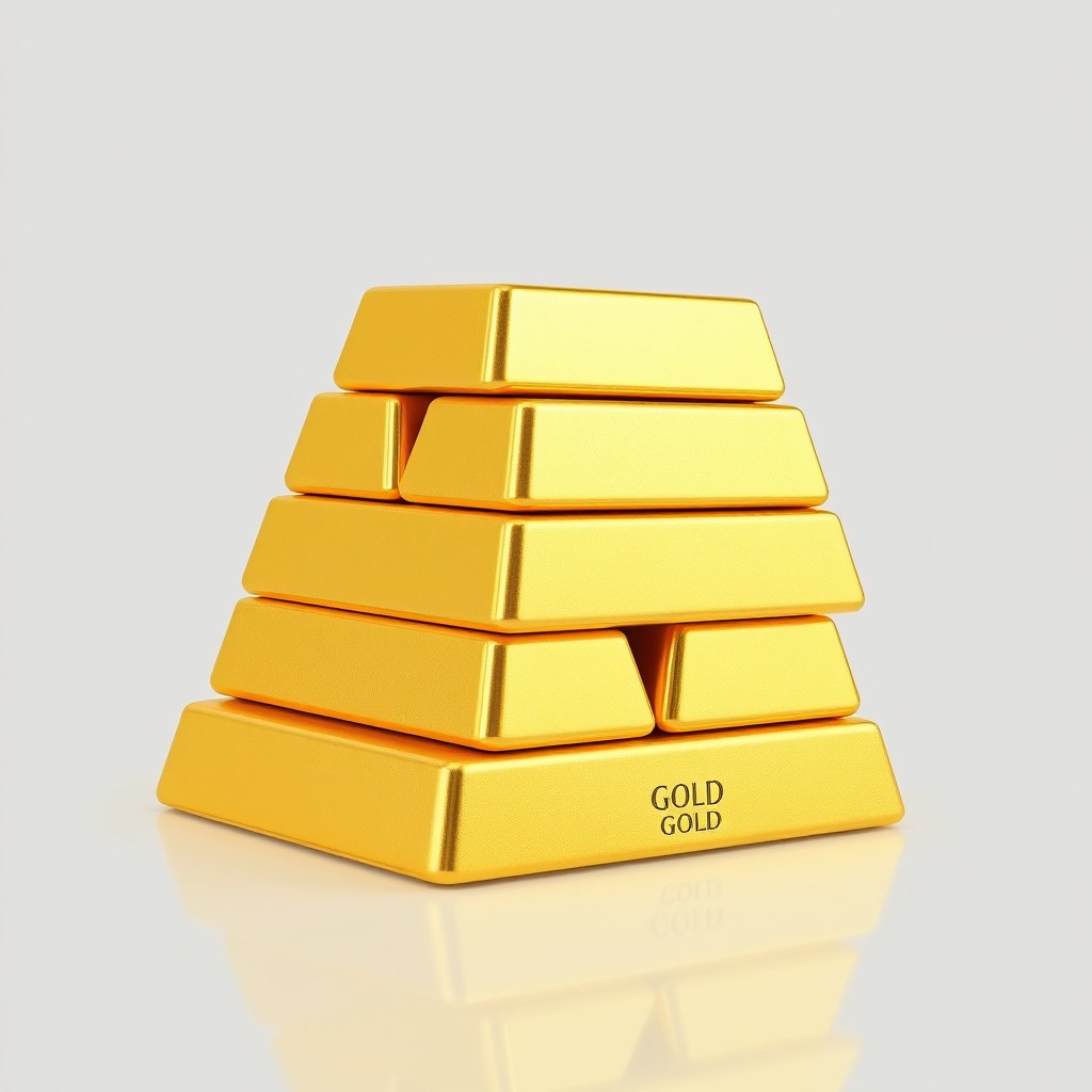 A stack of large gold bars arranged neatly on top of each other, displayed against a transparent background