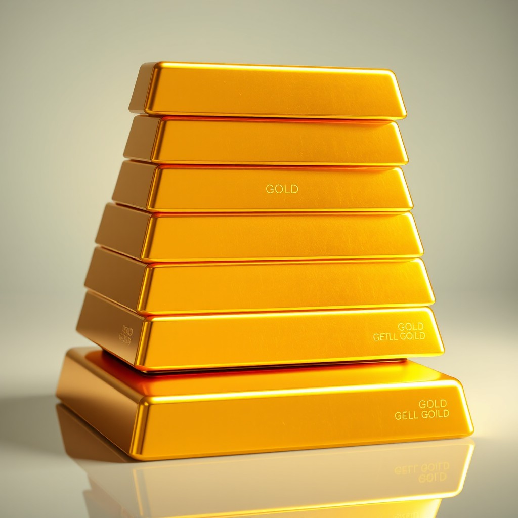 A stack of large gold bars arranged neatly on top of each other, radiating a rich golden hue