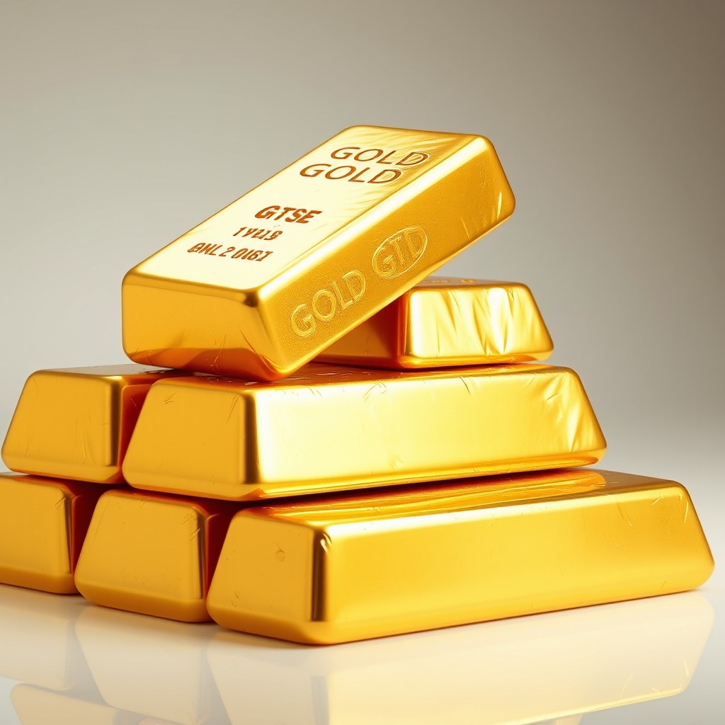 A visually striking image of large gold ingots stacked neatly on top of each other