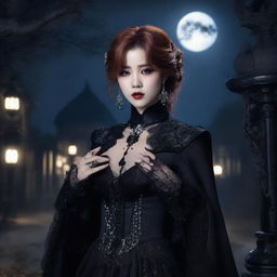 Jimin Park portrayed as an elegant vampire, adorned in fashionable gothic attire, amid a dark and atmospheric park setting under the full moon.