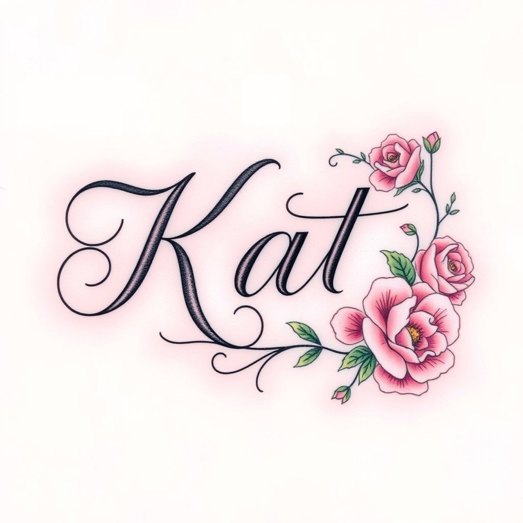 Elegant 'Kat' Tattoo Design with Floral Accents