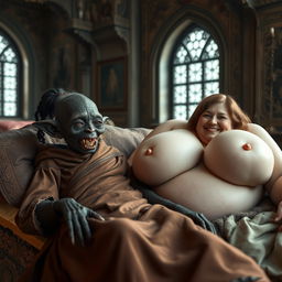 Lying on a medieval bed in a beautifully decorated medieval room, a small, emaciated black African female goblin with very dark skin and rotten teeth is clad in a long, fully closed Buddhist cloak