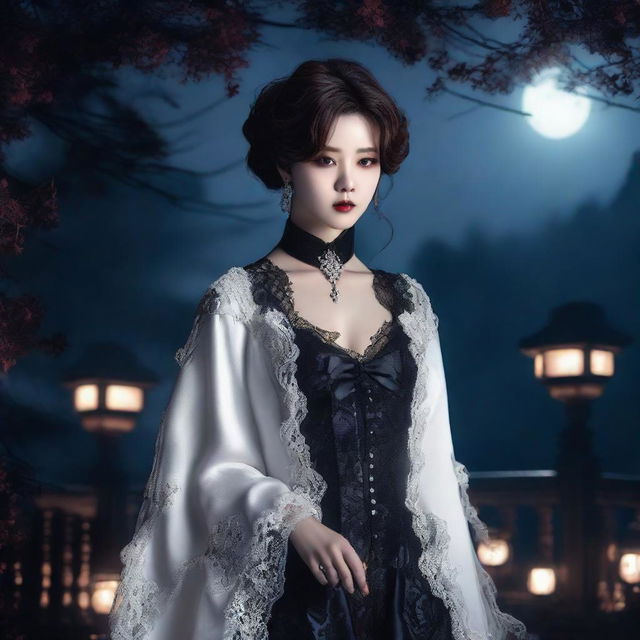 Jimin Park portrayed as an elegant vampire, adorned in fashionable gothic attire, amid a dark and atmospheric park setting under the full moon.