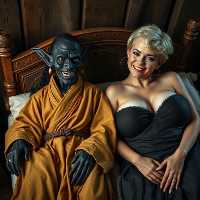 In a medieval bedroom, two figures are portrayed lying gracefully on a beautifully crafted bed