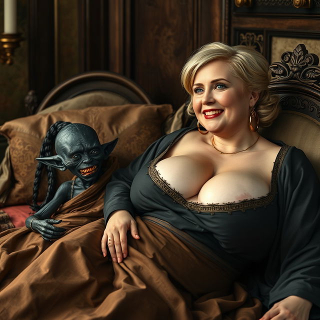 In a medieval bedroom, two figures are depicted reclining on a richly adorned bed