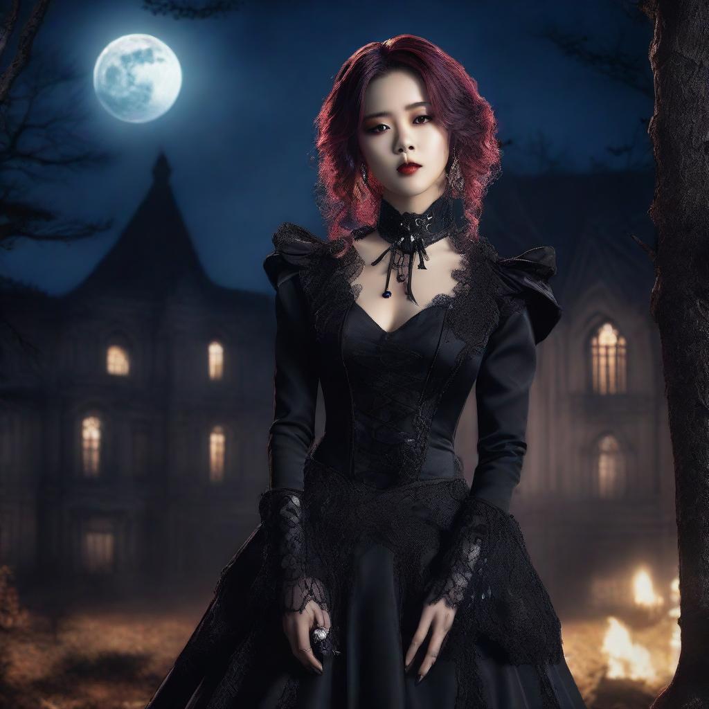 Jimin Park portrayed as an elegant vampire, adorned in fashionable gothic attire, amid a dark and atmospheric park setting under the full moon.