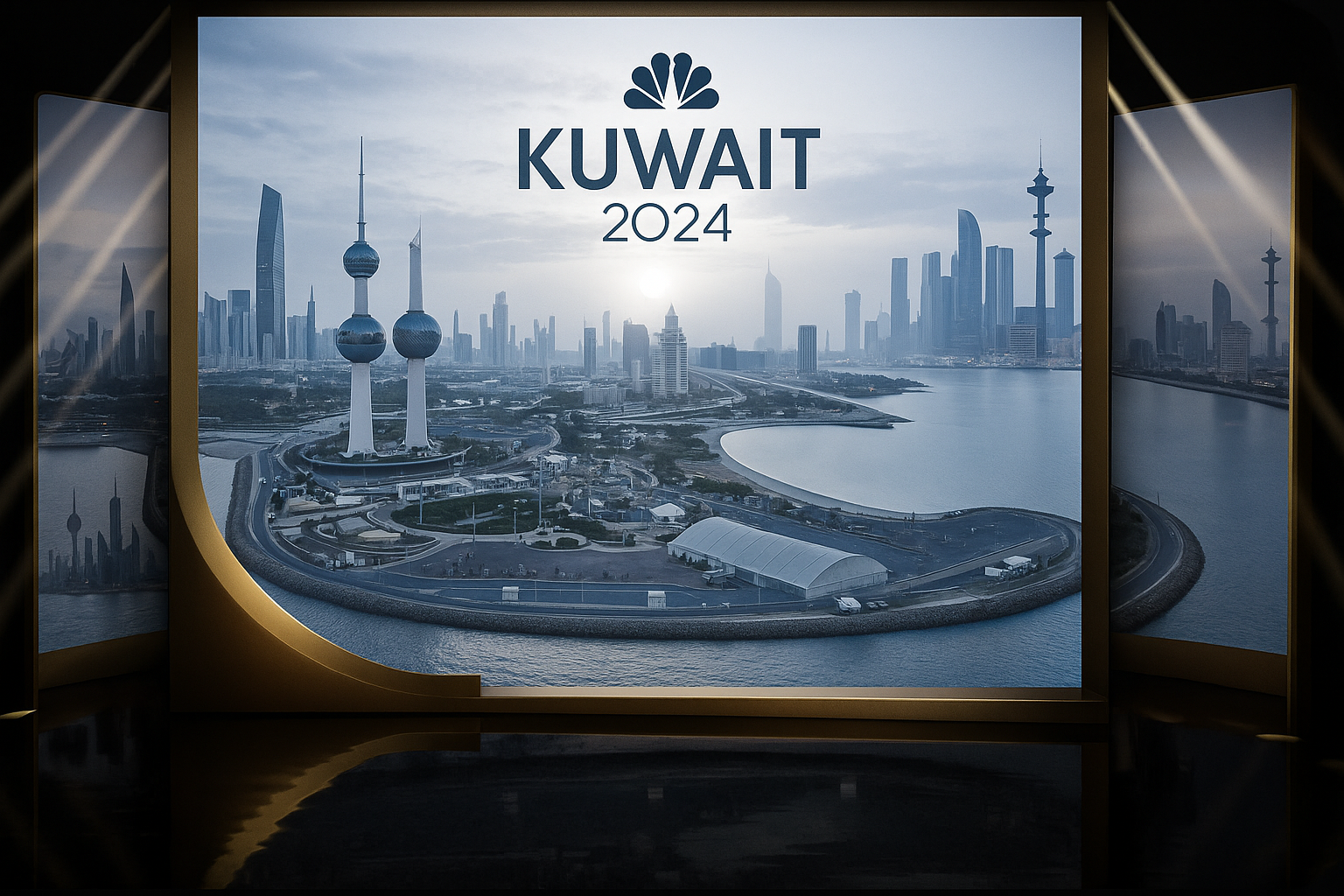 Keep the stage fancy and classy change the main image of paris to kuwait (image attached) and keep the screens on the side present. Remove people from scene