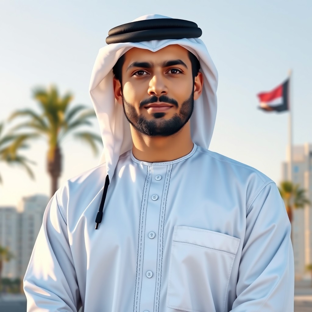 A realistic Kuwaiti man standing confidently in an official outfit, wearing a traditional white dishdasha with a black agal (headband) on his head