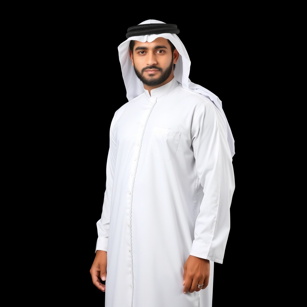 A full-body portrait of a realistic Kuwaiti man standing confidently in an official outfit, dressed in a pristine white dishdasha complemented by a black agal (headband)