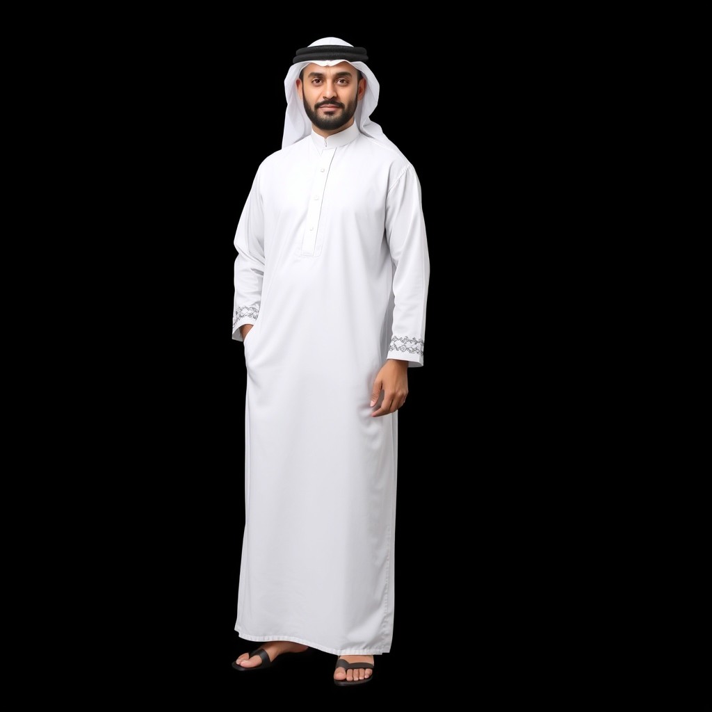 A full-body portrait of a realistic Kuwaiti man standing confidently in an official outfit