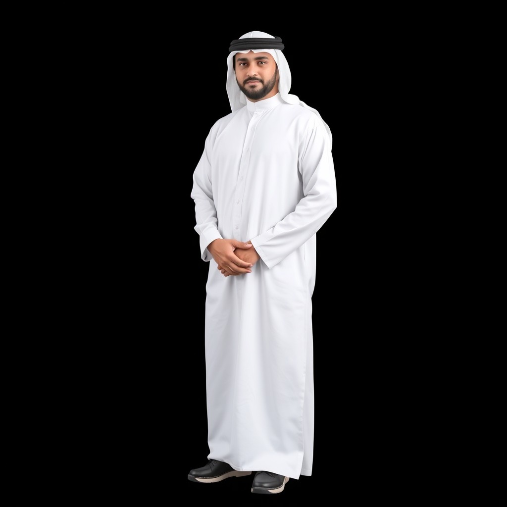 A full-body portrait of a realistic Kuwaiti man standing confidently in an official outfit, dressed in a traditional white dishdasha that drapes elegantly to the floor