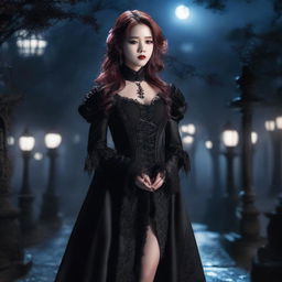 Jimin Park portrayed as an elegant vampire, adorned in fashionable gothic attire, amid a dark and atmospheric park setting under the full moon.