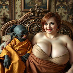 In a beautifully decorated medieval bedroom, two figures lie gracefully on an ornate bed