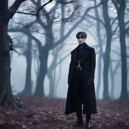 Jimin from BTS, garbed as a stylish vampire, situated within a misty, moonlit park scene, with dark gothic influences dominating his attire.