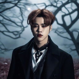 Jimin from BTS, garbed as a stylish vampire, situated within a misty, moonlit park scene, with dark gothic influences dominating his attire.