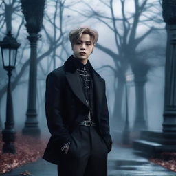 Jimin from BTS, garbed as a stylish vampire, situated within a misty, moonlit park scene, with dark gothic influences dominating his attire.