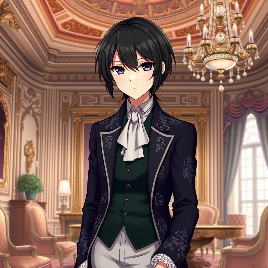 A refined anime character with smooth, dark hair styled in a sophisticated manner, showcasing a regal presence befitting an 18th-century aristocrat