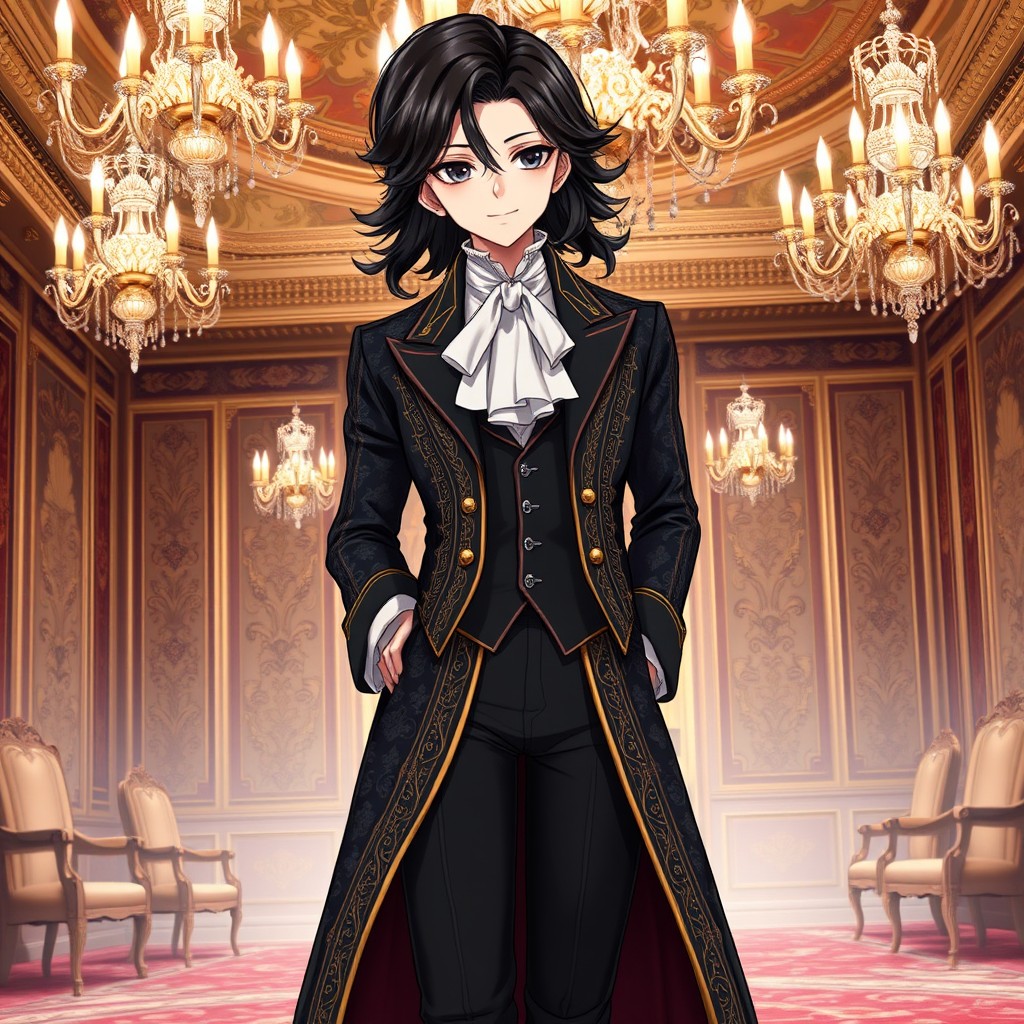 An elegant anime character with lush, dark hair styled in soft waves that cascade to their shoulders