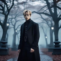 Jimin from BTS, garbed as a stylish vampire, situated within a misty, moonlit park scene, with dark gothic influences dominating his attire.