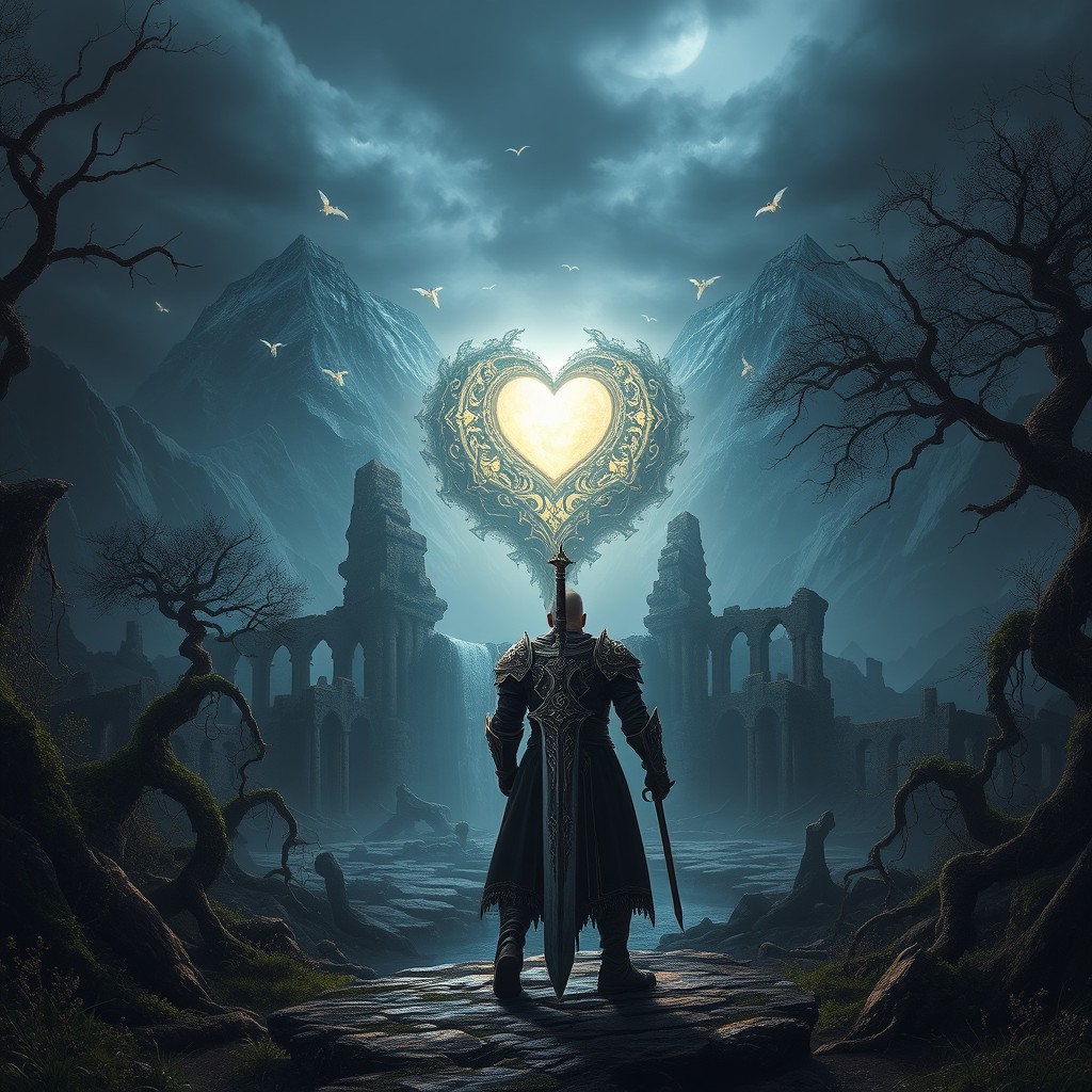 An epic fantasy landscape inspired by Elden Ring, showcasing the mysterious Ashen Heart, a luminous, glowing heart-like object at the center of an ancient ruin