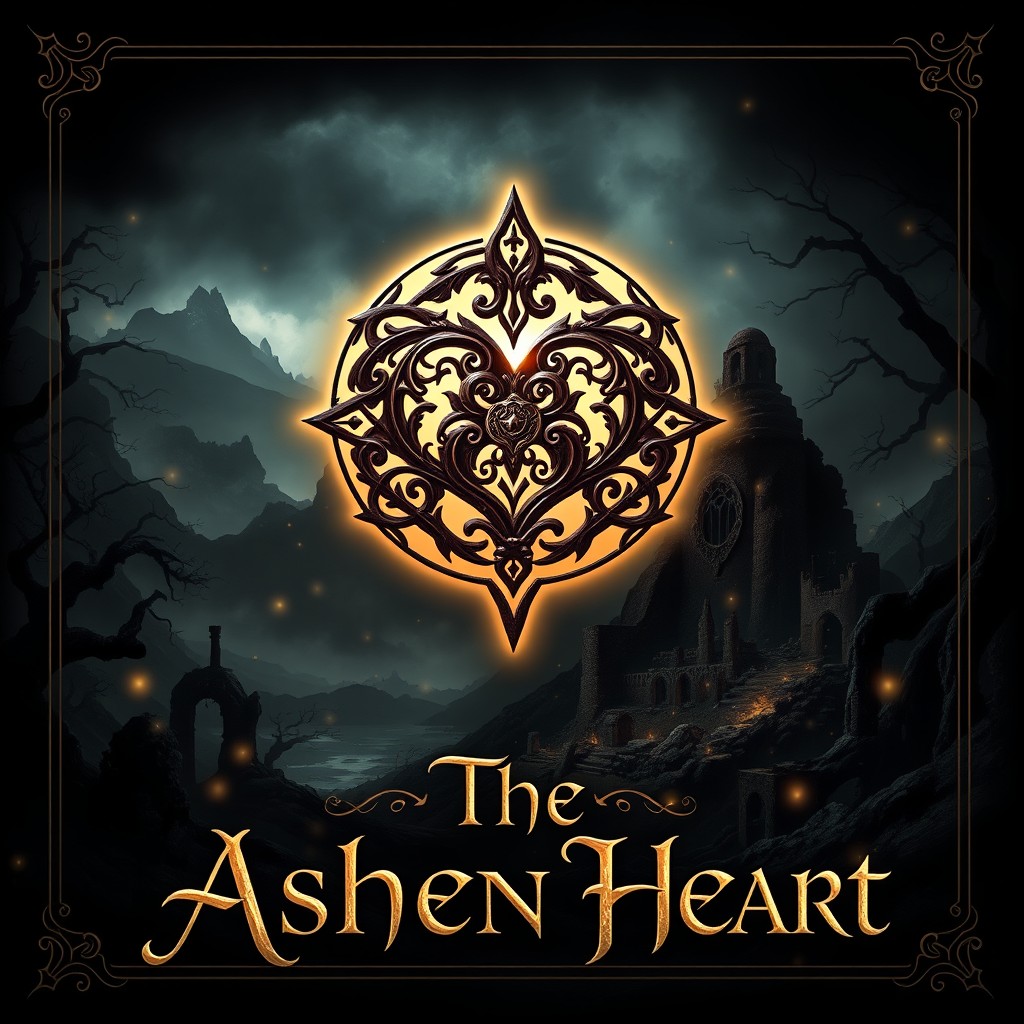 A captivating book cover design for a fantasy story titled 'The Ashen Heart', heavily inspired by the aesthetics of Elden Ring