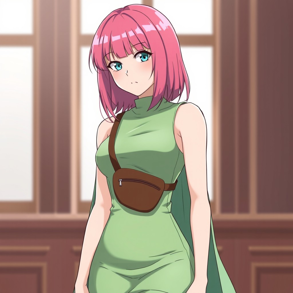 An anime woman with vibrant pink straight shoulder-length hair that is perfectly cut, paired with light blue eyes and pale skin that gives her a soft yet striking appearance