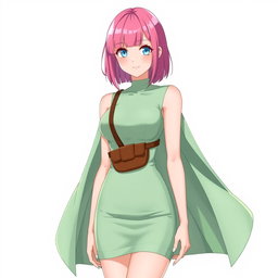 An anime woman with vibrant pink straight shoulder-length hair that is perfectly cut, paired with light blue eyes and pale skin that gives her a soft yet striking appearance