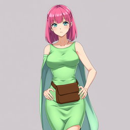 An anime woman with vibrant pink straight shoulder-length hair that is perfectly cut, paired with light blue eyes and pale skin that gives her a soft yet striking appearance