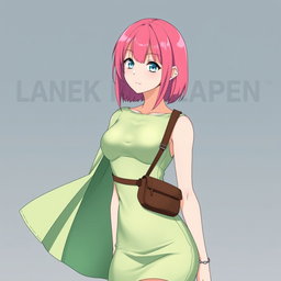 An anime woman with vibrant pink straight shoulder-length hair that is perfectly cut, paired with light blue eyes and pale skin that gives her a soft yet striking appearance