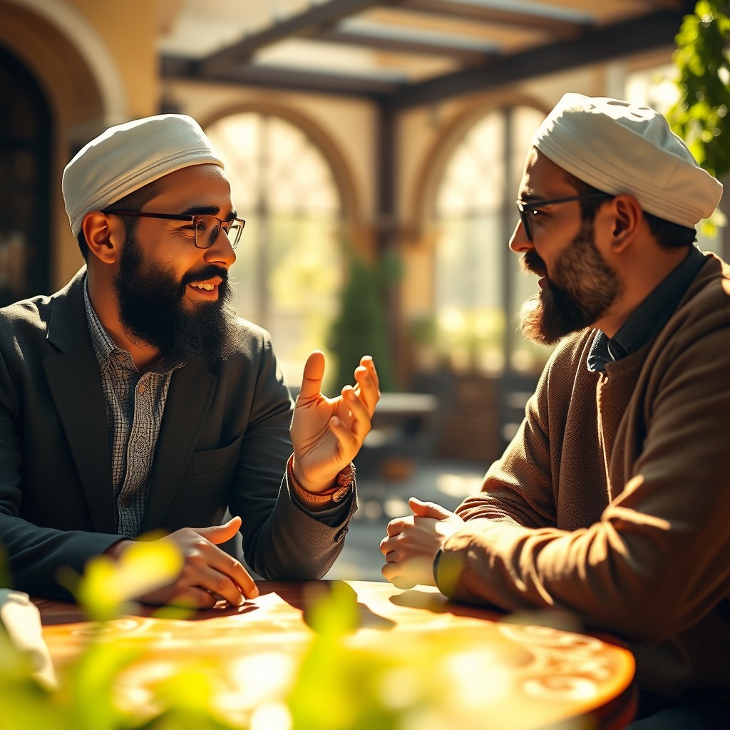 Two Muslim men with kind expressions, deeply engaged in conversation at a sunlit courtyard cafe