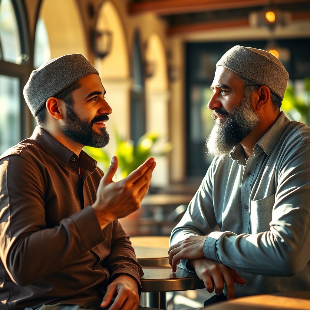 Two Muslim men with kind expressions, deeply engaged in conversation at a sunlit courtyard cafe
