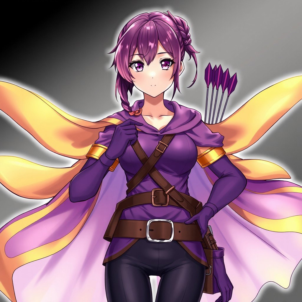 An anime woman with enchanting purple eyes and deep pink eyebrows, sporting short hair styled into a braided ponytail that adds a playful touch to her look