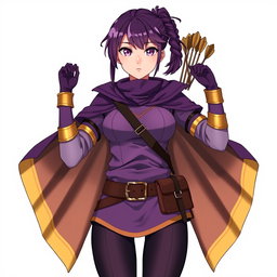 An anime woman with enchanting purple eyes and deep pink eyebrows, sporting short hair styled into a braided ponytail that adds a playful touch to her look