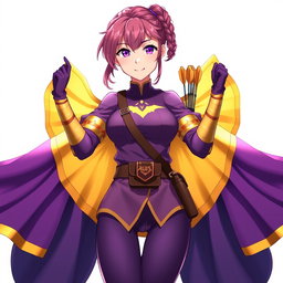 An anime woman with enchanting purple eyes and deep pink eyebrows, sporting short hair styled into a braided ponytail that adds a playful touch to her look